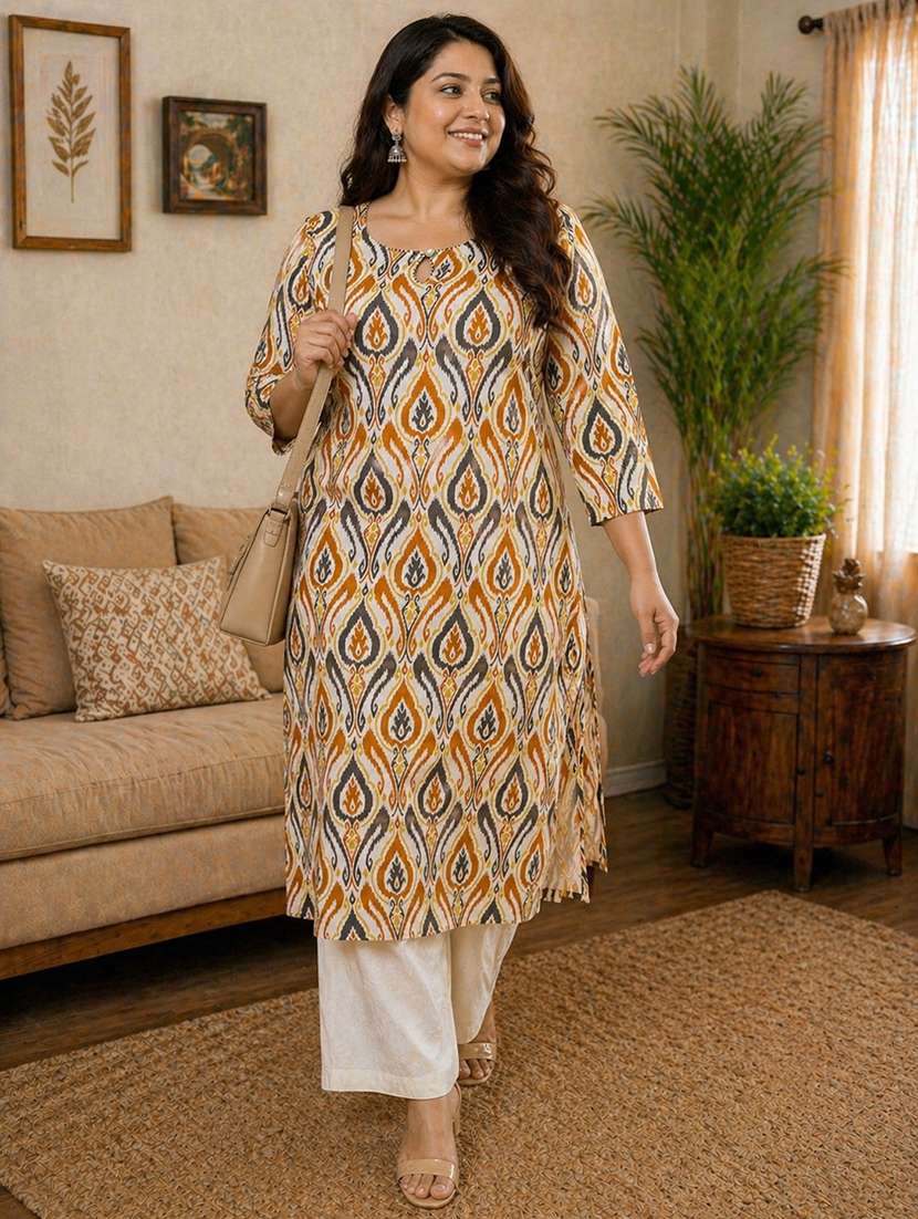 women plus size printed three quarter sleeve straight kurta