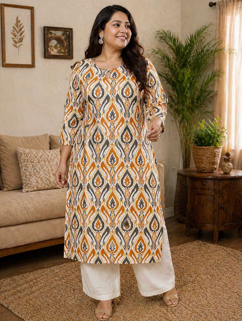 Women Plus Size Printed Three Quarter Sleeve Straight Kurta - 22521364 -  Standard Image - 2