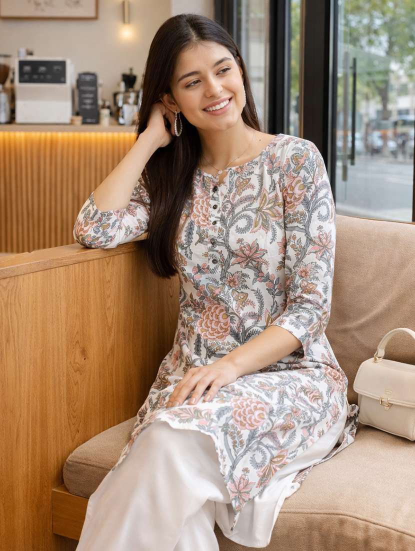 women printed three quarter sleeve straight kurta - 22521368 -  Standard Image - 2
