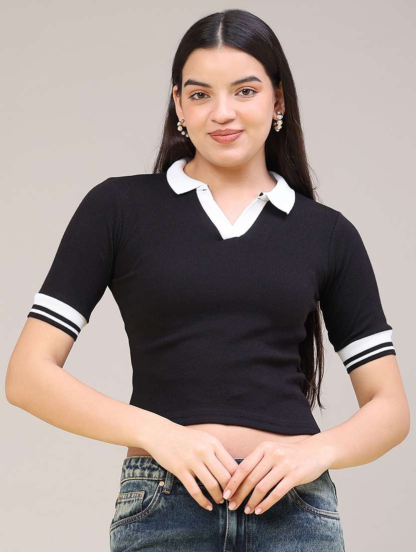 Women Solid Short Sleeves Polo T-shirt - 22522469 -  Standard Image - 2