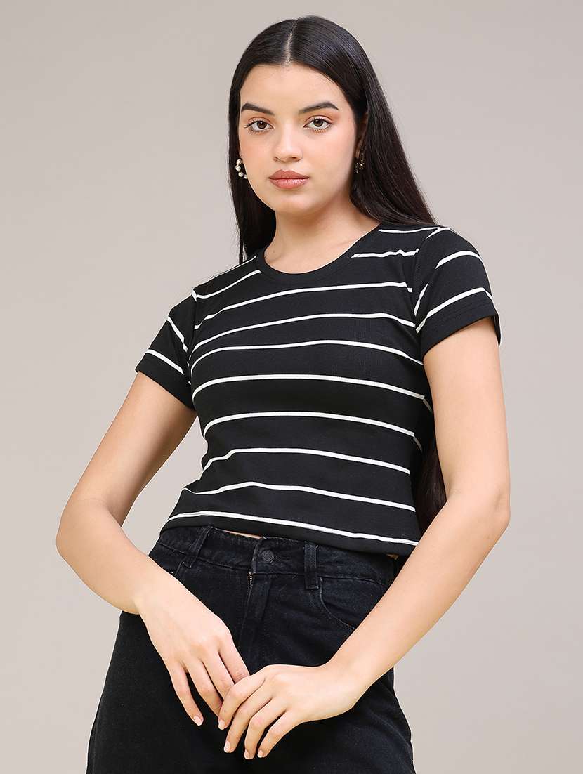 Women Striped Short Sleeves Regular Fit T-shirt - 22522472 -  Standard Image - 2