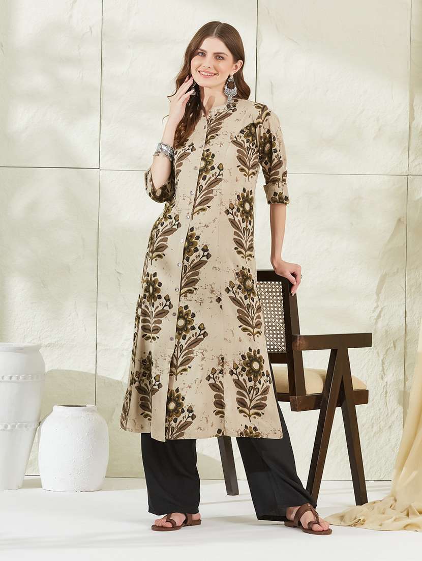 women printed three quarter sleeves a-line kurta 