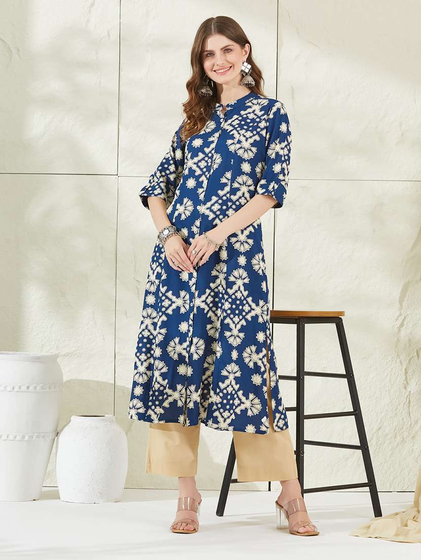 women printed three quarter sleeves a-line kurta 
