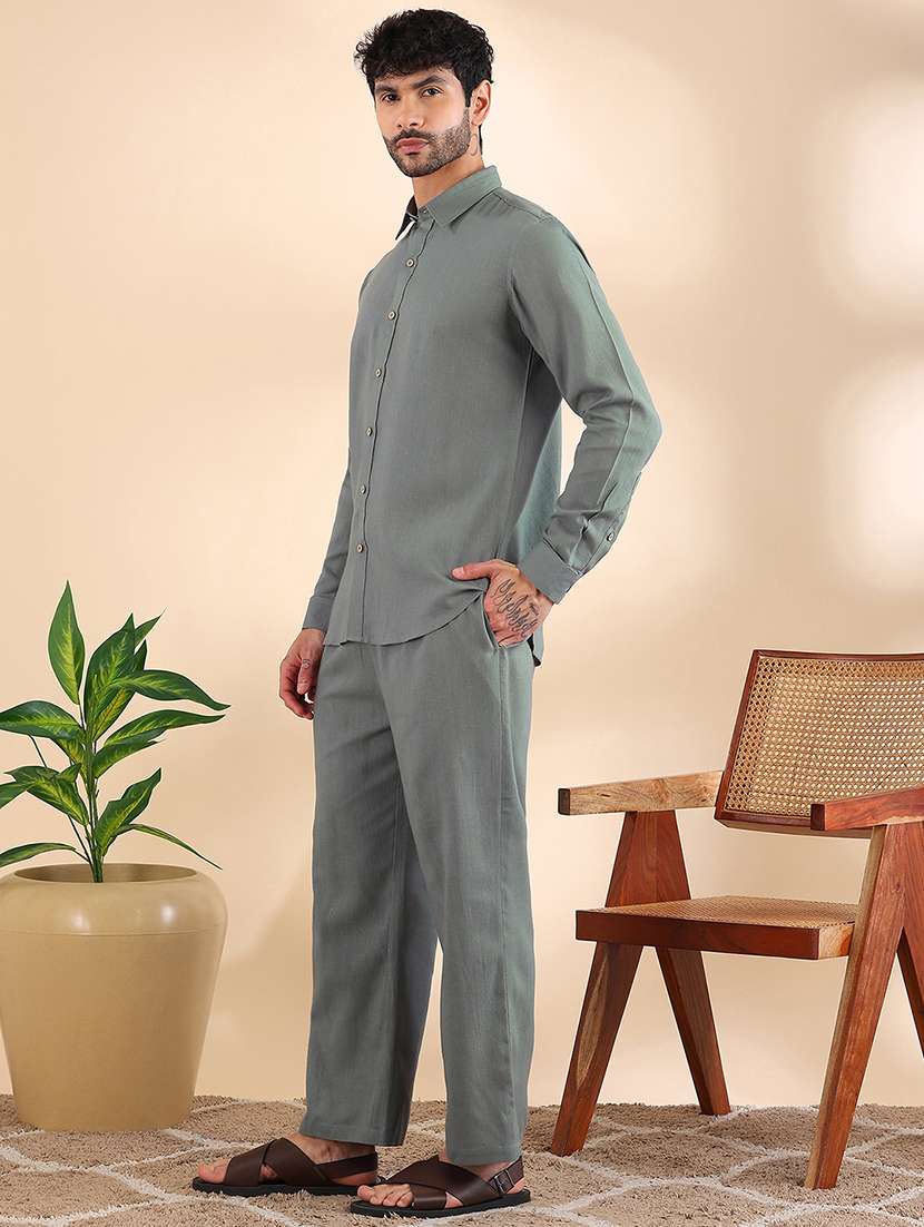 men solid long sleeve shirt & trouser co-ord set - 22522596 -  Standard Image - 2