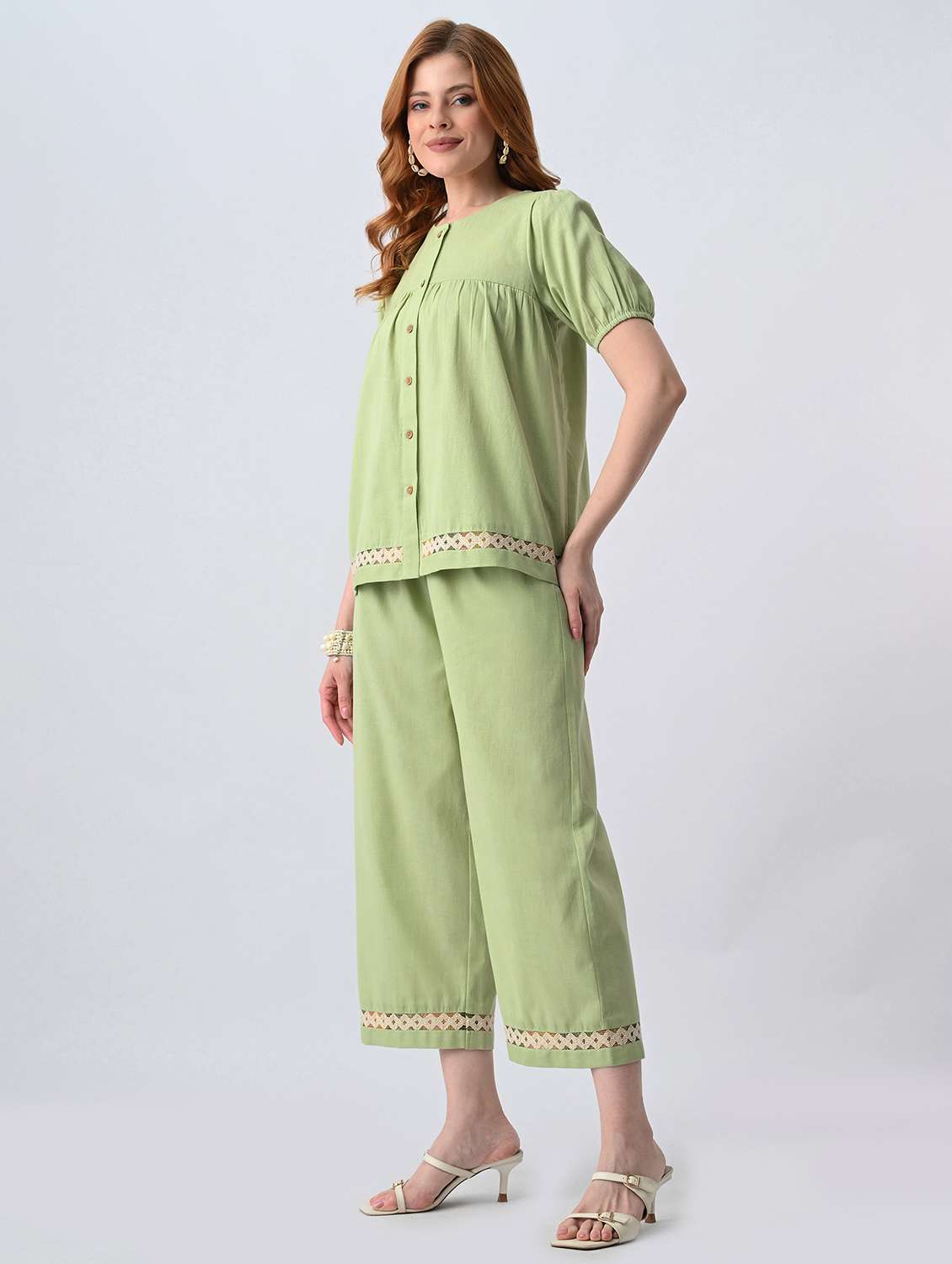 women solid short sleeve top & trouser set co-ord - 22522604 -  Standard Image - 2