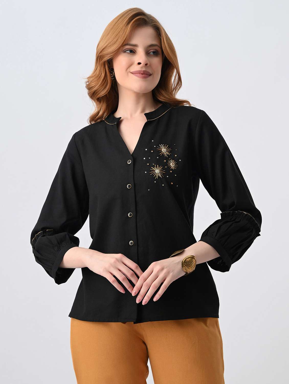 women embroidered mandarin neck regular top