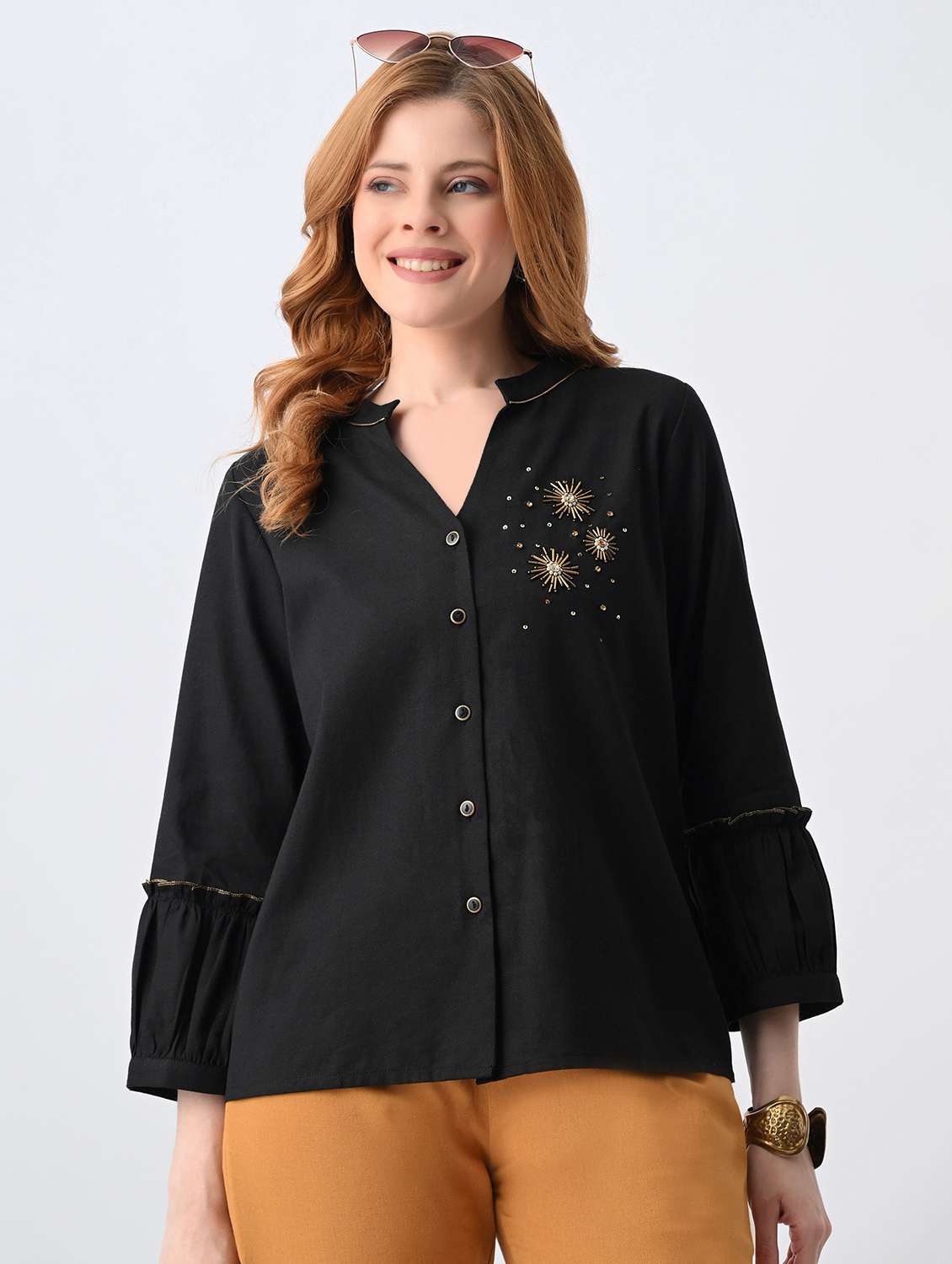 women embroidered mandarin neck regular top - 22522635 -  Standard Image - 2