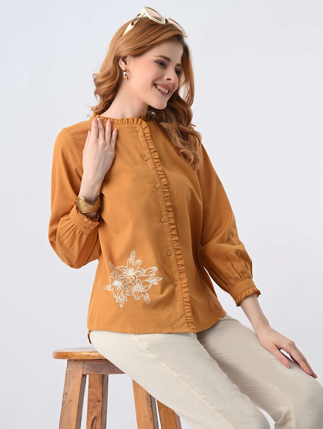 women embroidered round neck regular shirt