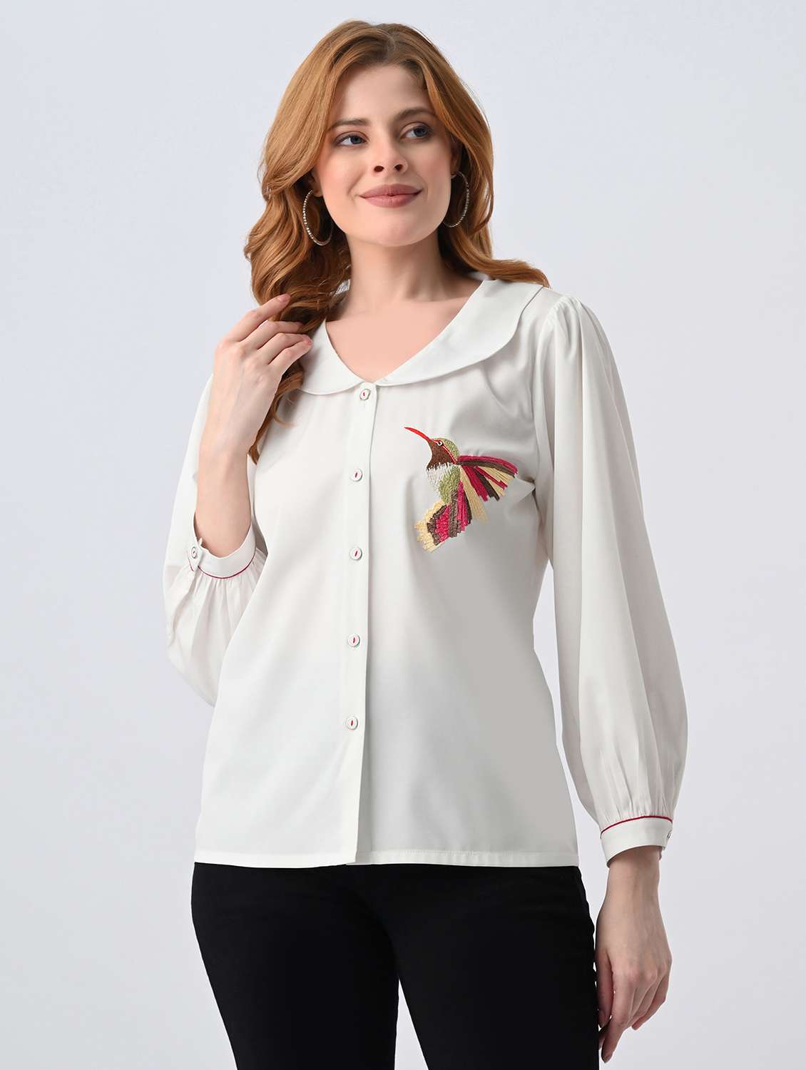 women embroidered peter pan neck regular top