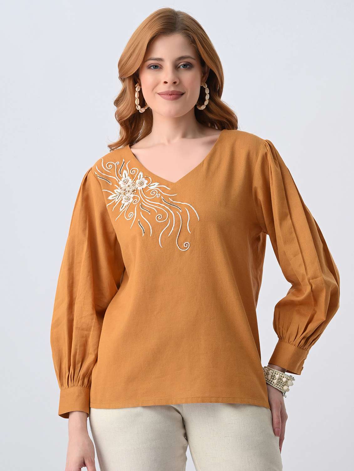 women embroidered v neck regular top