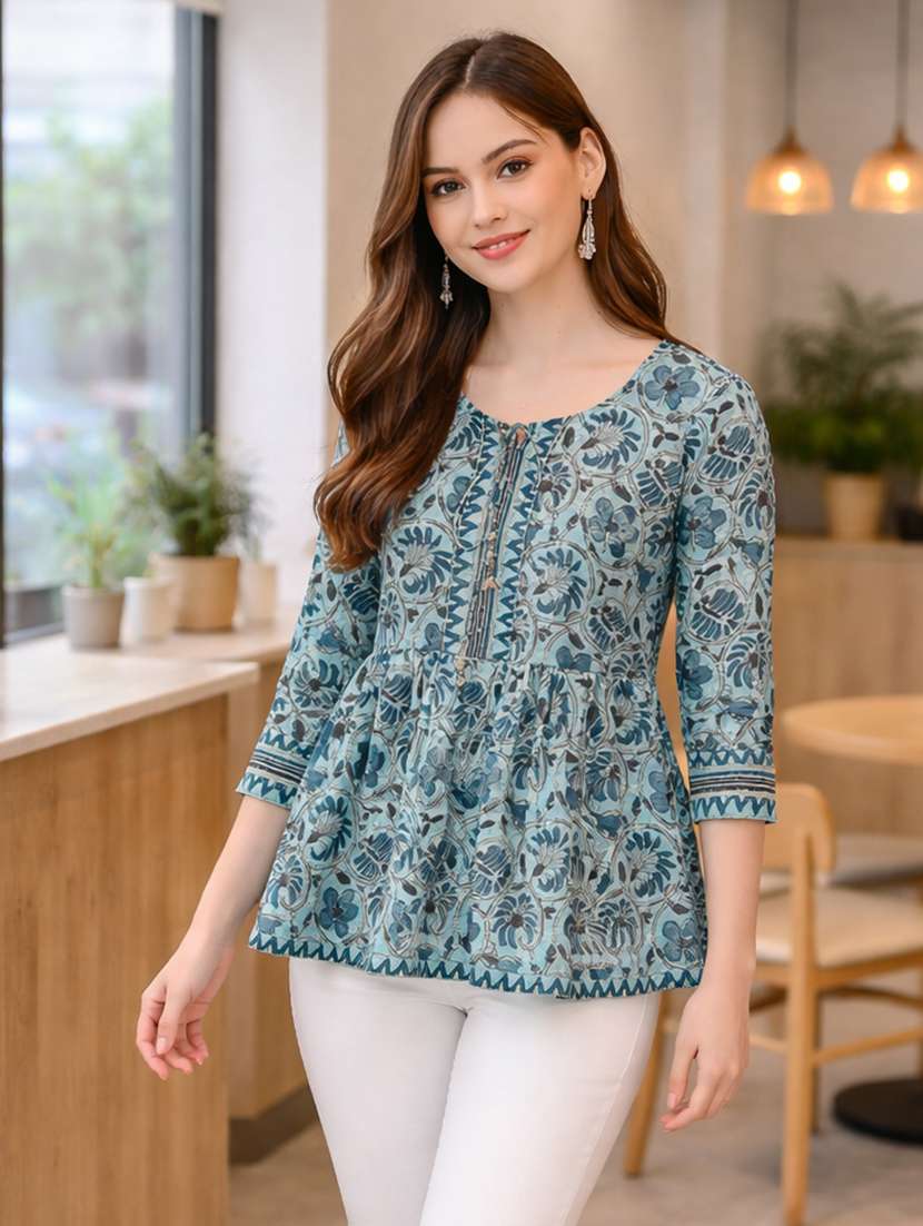 Women Printed Three Quarter Sleeve Ethnic Top - 22522645 -  Standard Image - 2