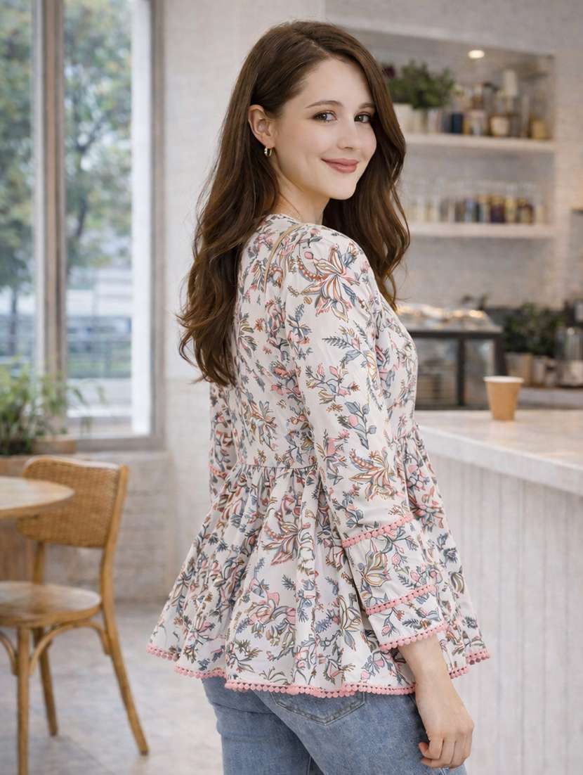 Women Printed Three Quarter Sleeve Ethnic Top - 22522648 -  Standard Image - 2