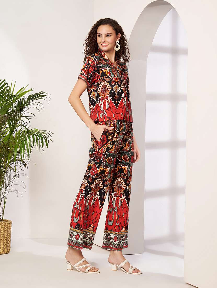 women printed collared shirt and trouser co-ord set - 22522661 -  Standard Image - 2