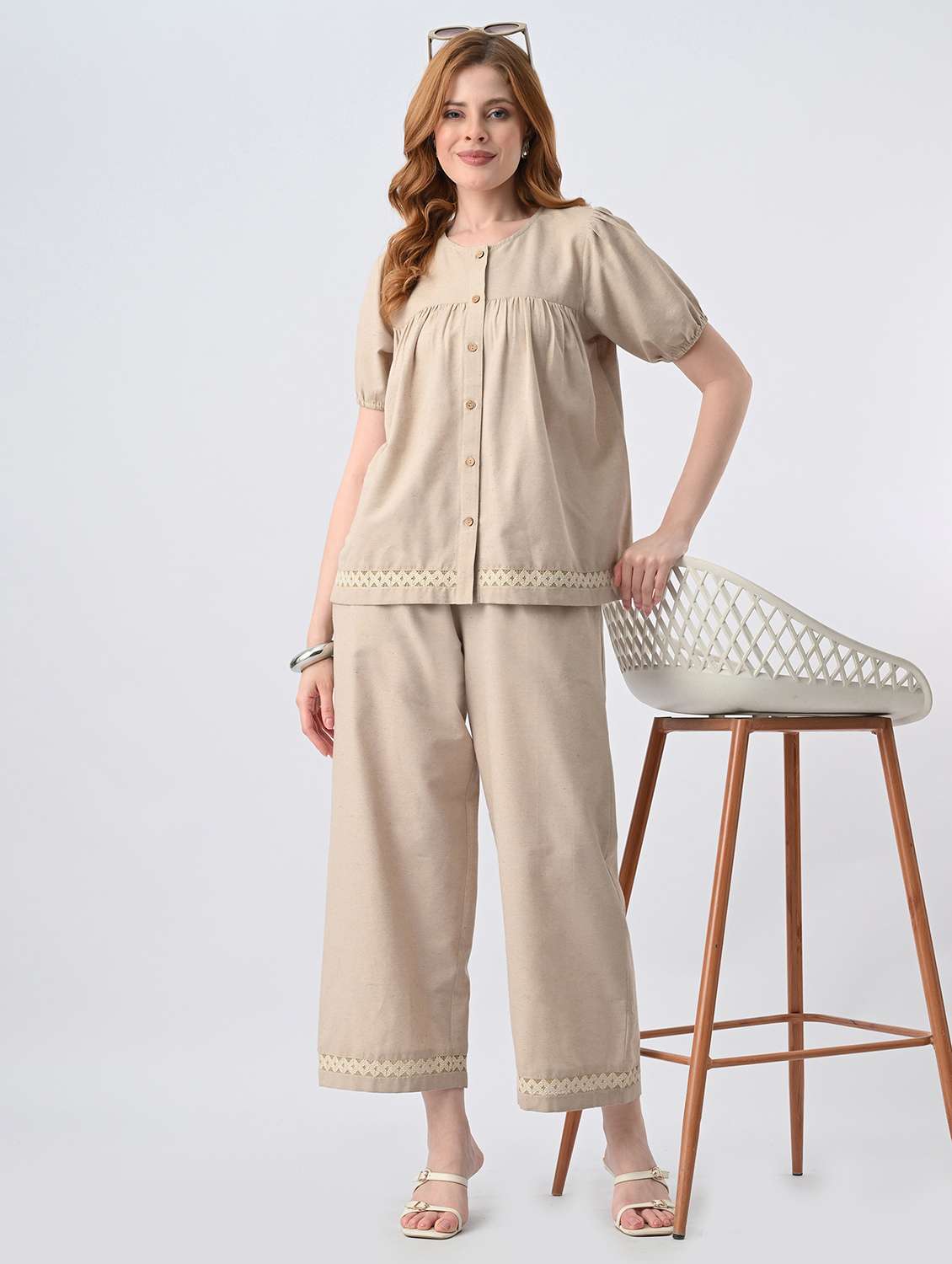 women solid short sleeve top & trouser set co-ord