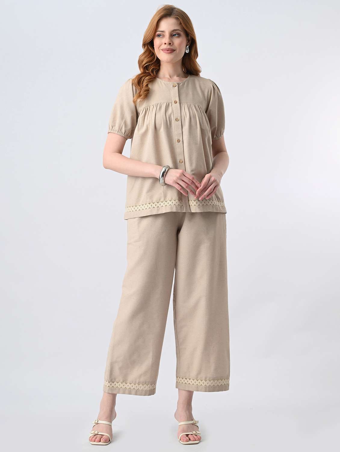 women solid short sleeve top & trouser set co-ord - 22524284 -  Standard Image - 2