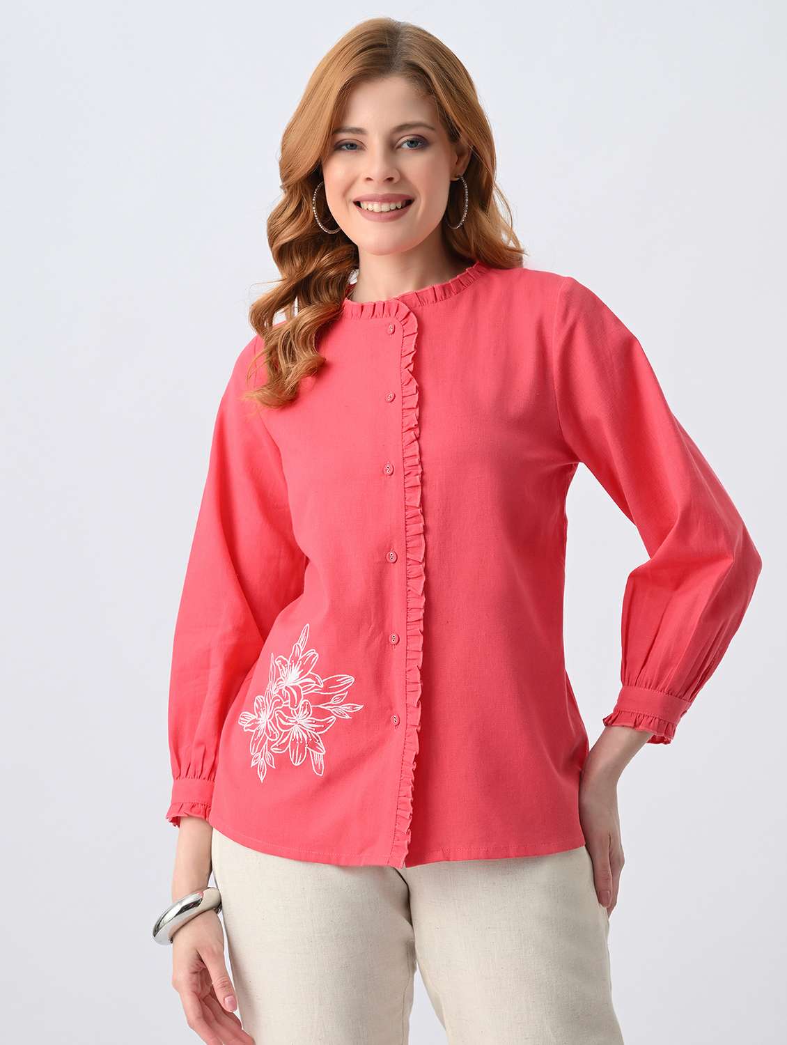 women embroidered round neck regular shirt