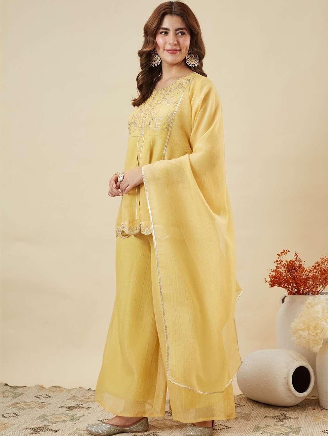 women embroidered round neck kurta palazzo set with dupatta - 22524298 -  Standard Image - 2