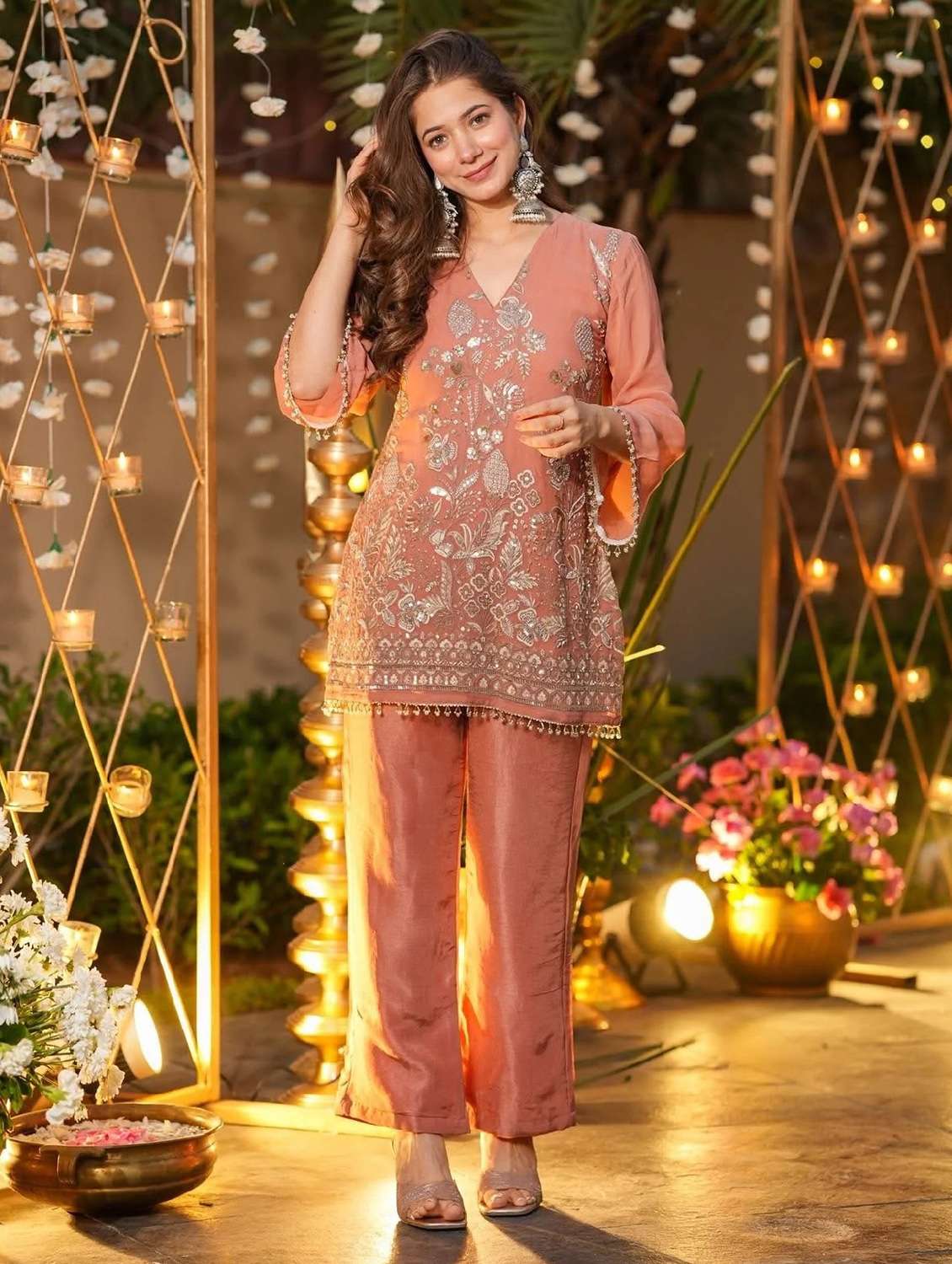 women embroidered three quarter sleeves kurta and pant set  - 22524313 -  Standard Image - 2
