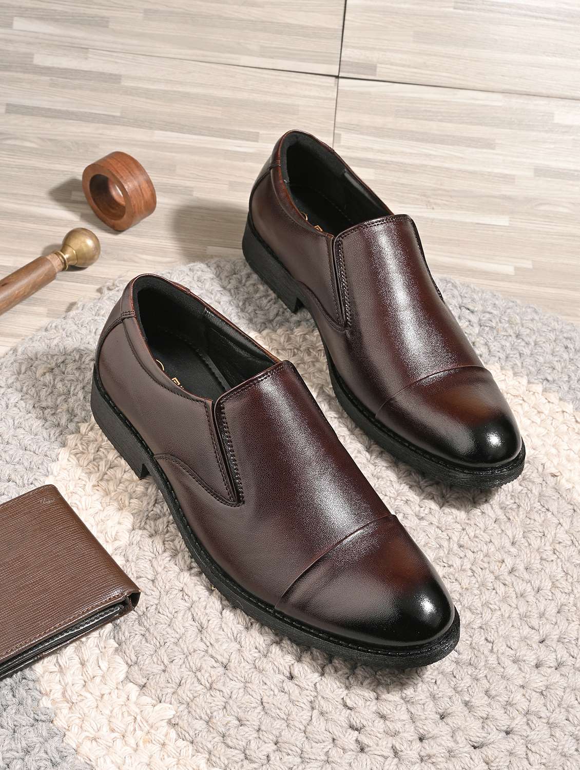 men brown slip on formal shoes
