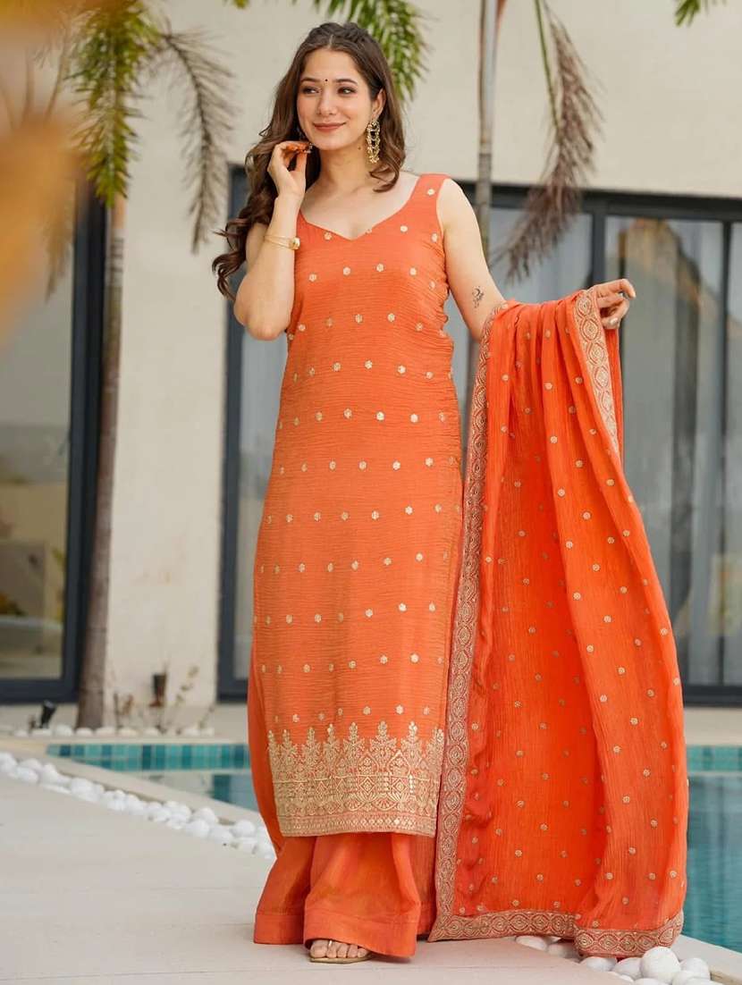 women embroidered sleeveless kurta palazzo with dupatta set