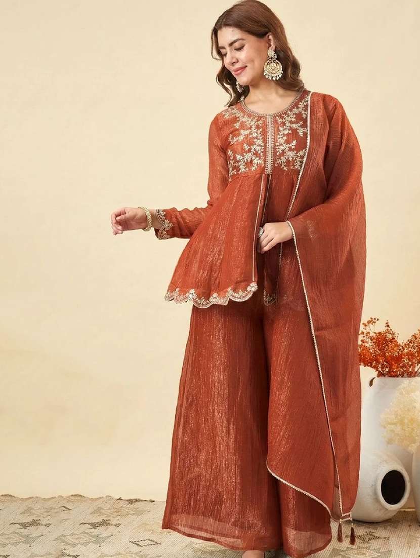 women embroidered long sleeve kurta palazzo with dupatta set - 22524457 -  Standard Image - 2