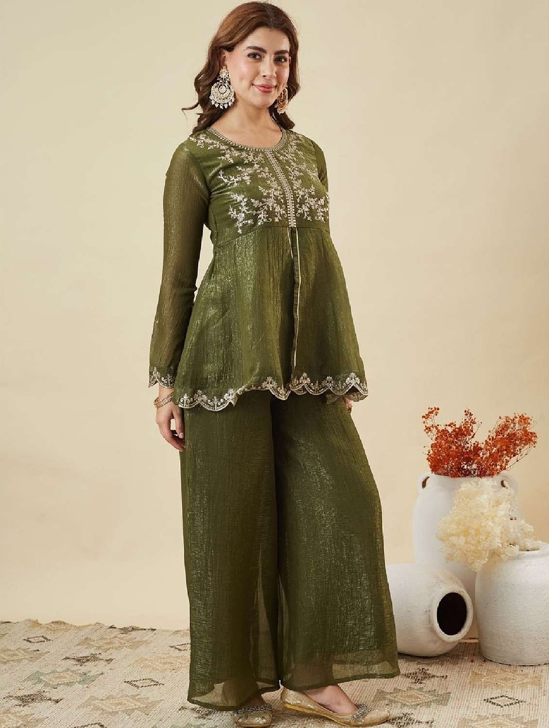 women embroidered long sleeve kurta palazzo with dupatta set - 22524458 -  Standard Image - 2