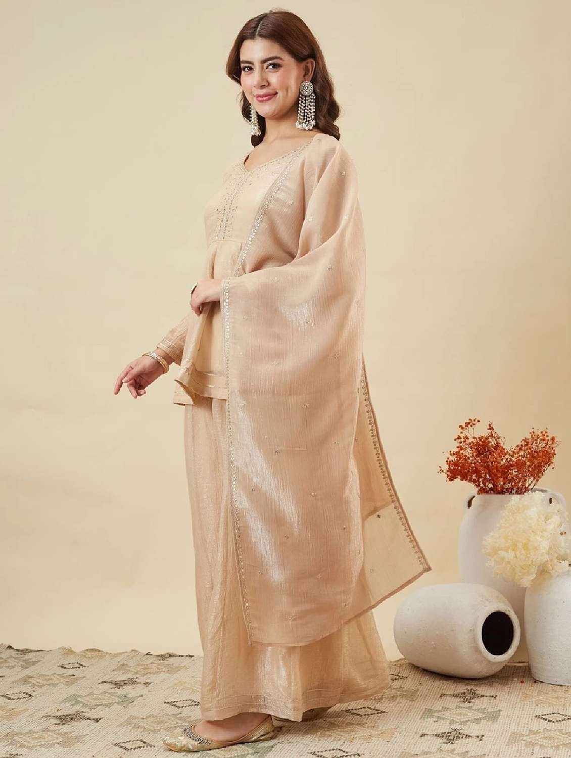women embroidered long sleeve kurta palazzo with dupatta set - 22524463 -  Standard Image - 2