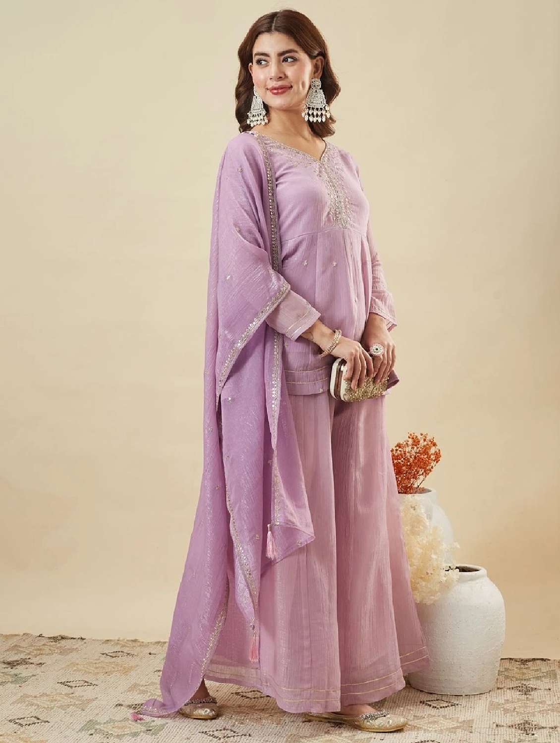 women embroidered long sleeve kurta palazzo with dupatta set - 22524464 -  Standard Image - 2
