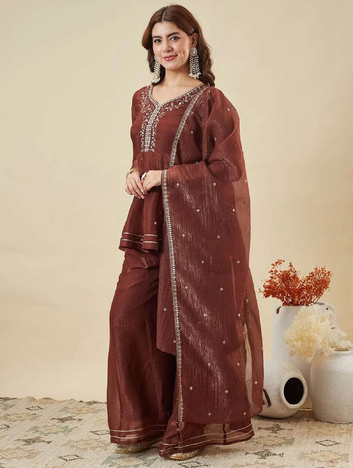 women embroidered long sleeve kurta palazzo with dupatta set - 22524465 -  Standard Image - 2