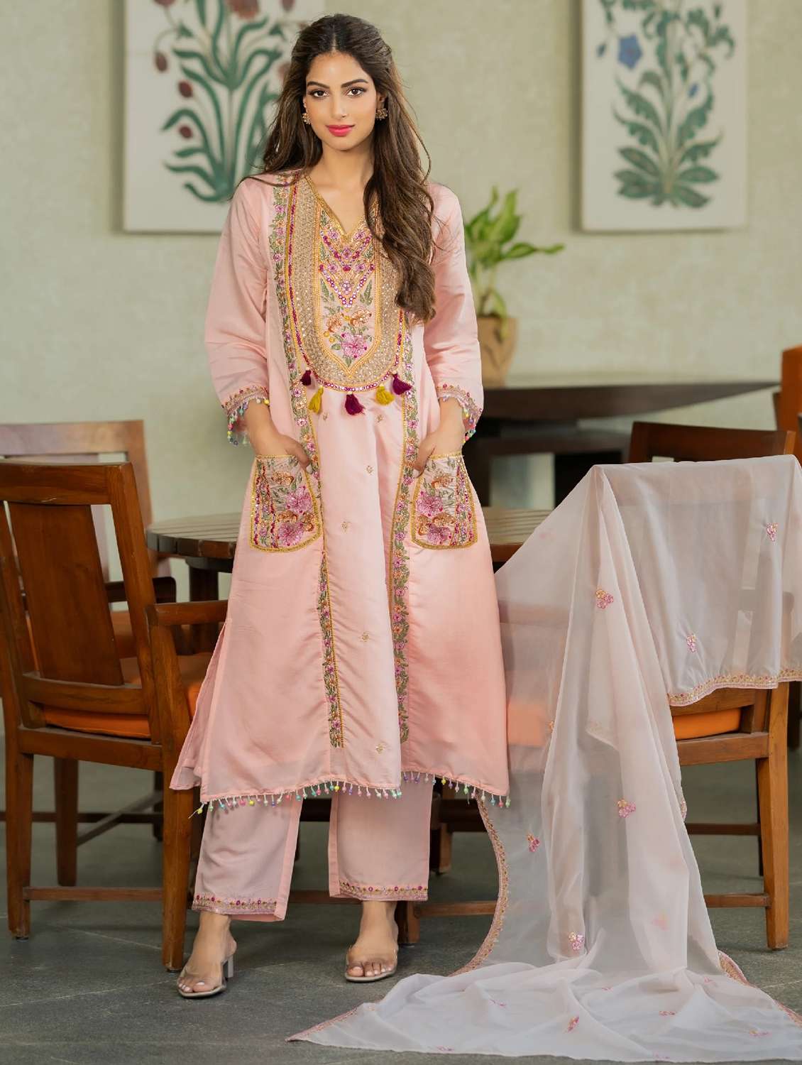 women embroidered three quarter sleeve kurta pant with dupatta set - 22524466 -  Standard Image - 2