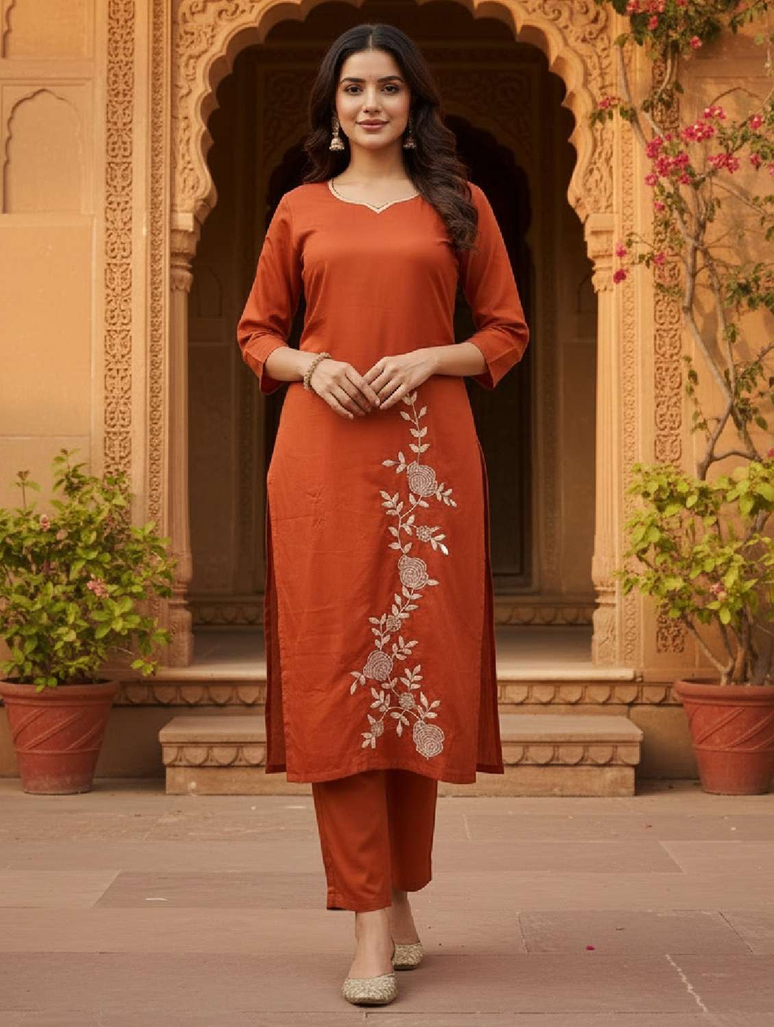 women embroidered three quarter sleeve kurta pant with dupatta set - 22524472 -  Standard Image - 2