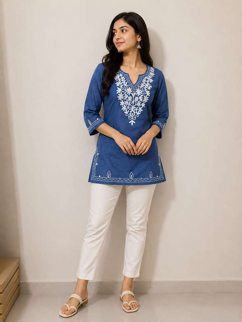women embroidered three quarter sleeve straight kurti