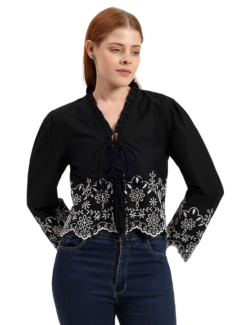 women embroidered tie up neck regular top - 22526757 -  Standard Image - 2