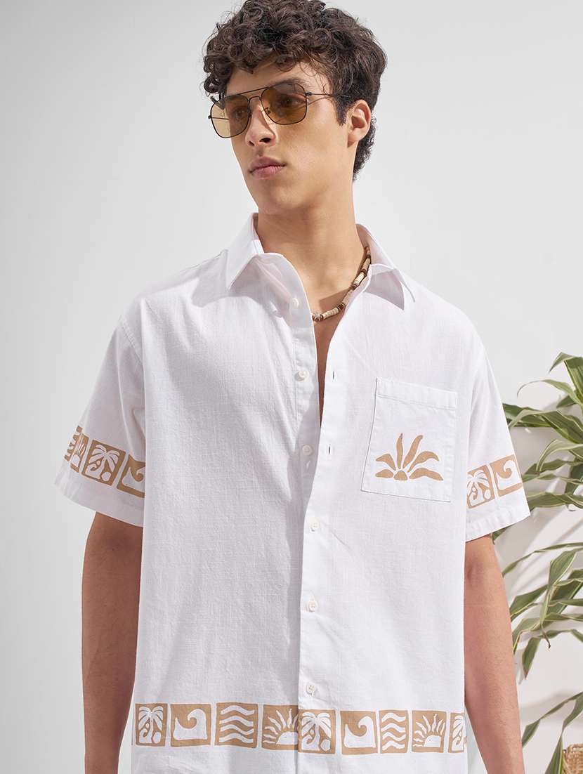 men printed short sleeve loose fit casual shirt