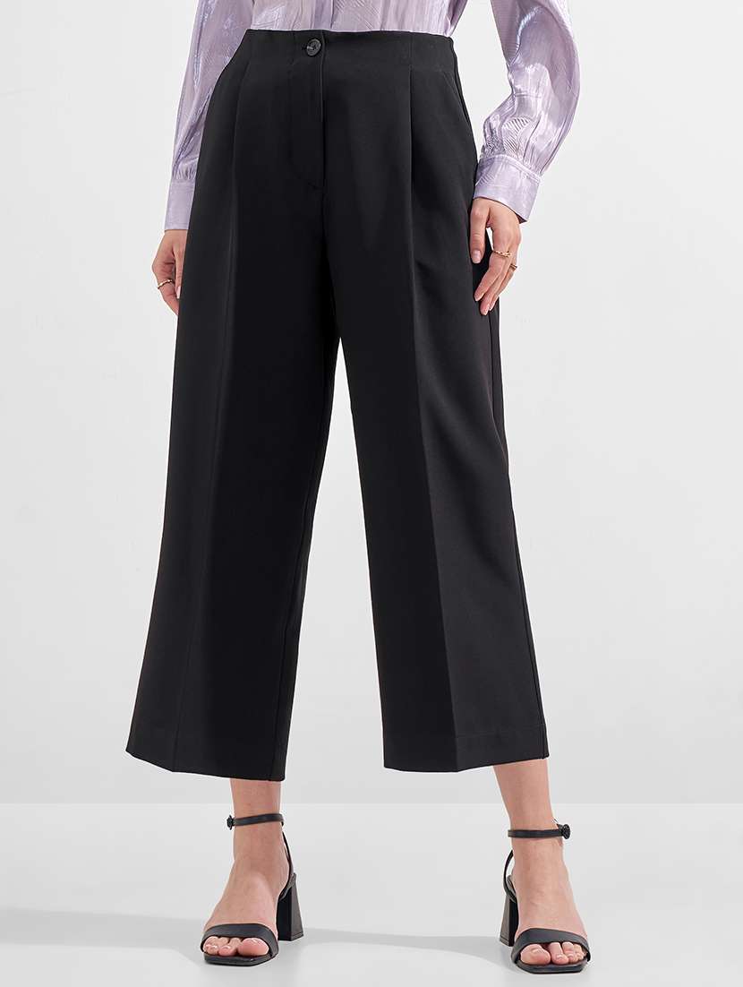 women solid mid rise wide leg trouser