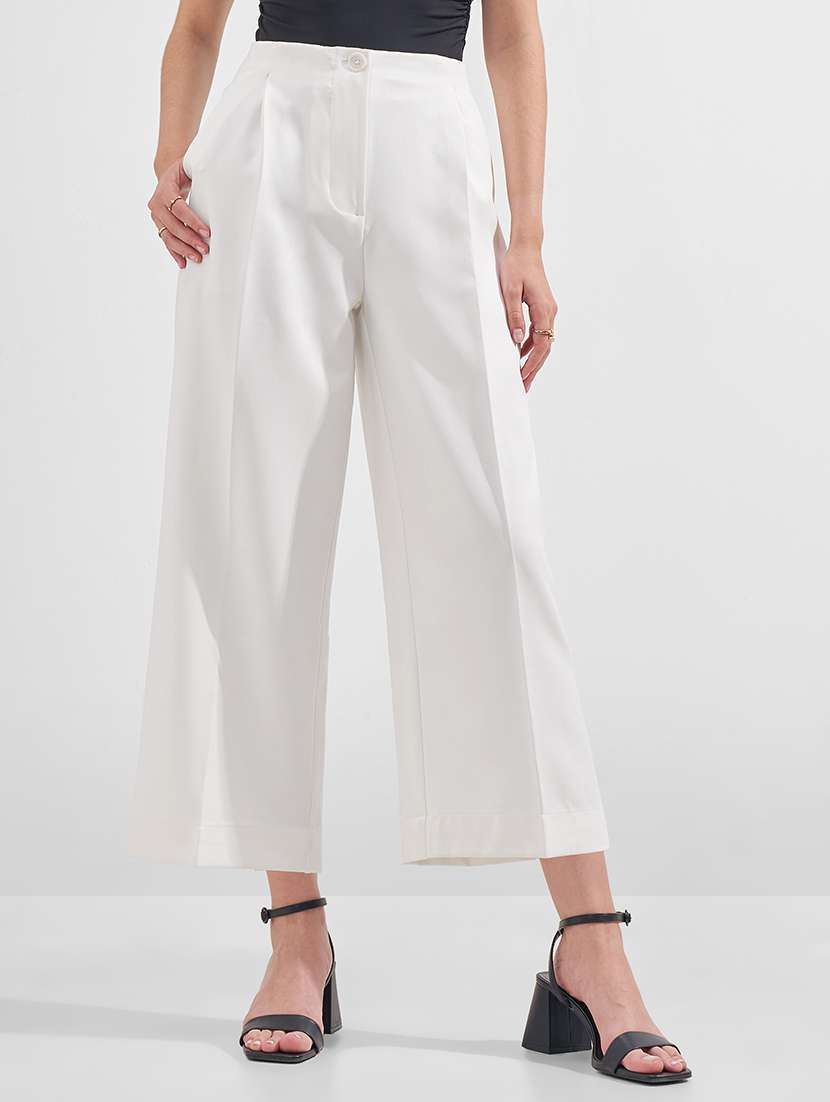 women solid mid rise wide leg trouser