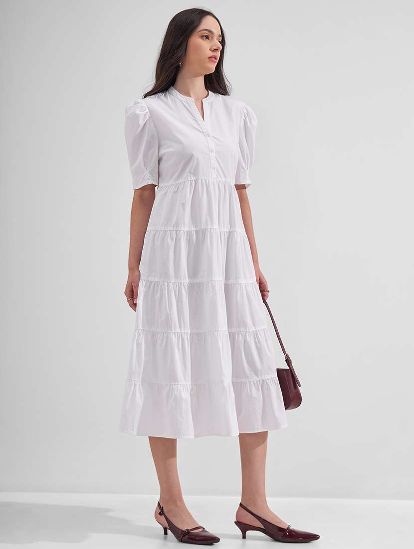 women solid mandarin neck tiered dress - 22526971 -  Standard Image - 2