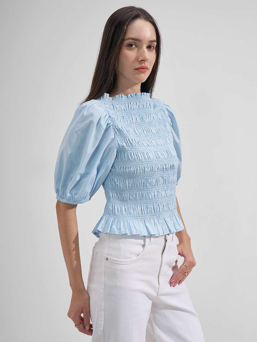 women solid puff sleeves ruched top - 22526987 -  Standard Image - 2