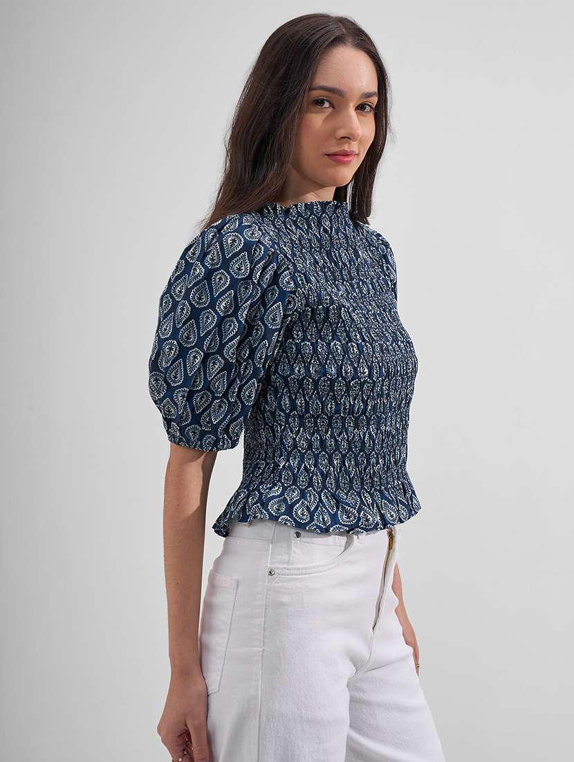 Women Printed Puff Sleeves Smocked Top - 22527003 -  Standard Image - 2
