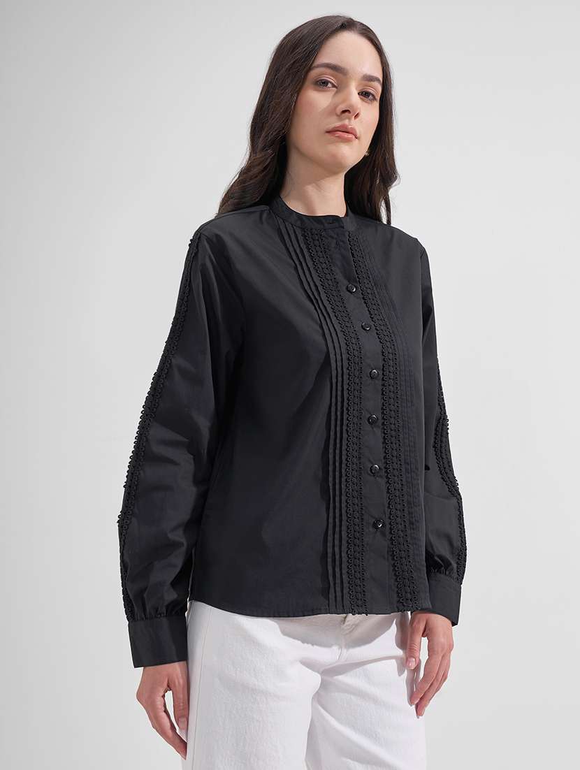 women solid mandarin collared shirt style top - 22527006 -  Standard Image - 2