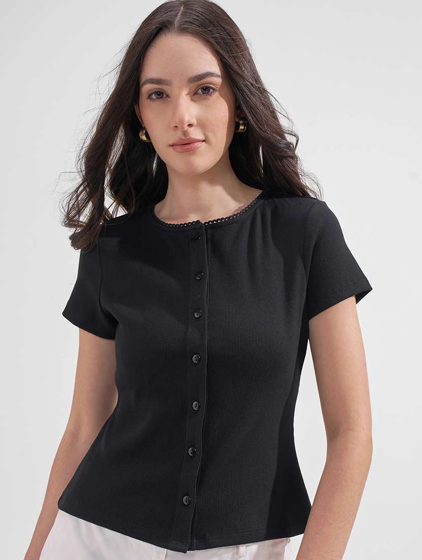 women solid short sleeves regular top