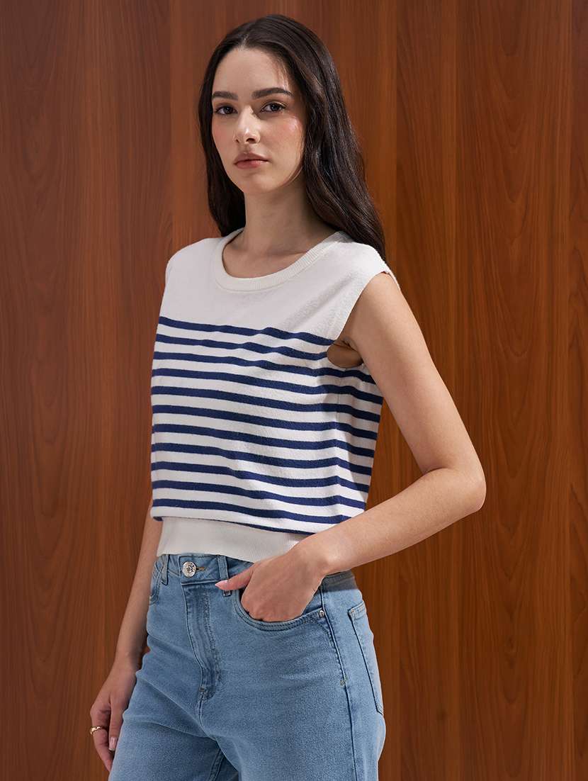 women striped round neck sleeveless regular top - 22527021 -  Standard Image - 2