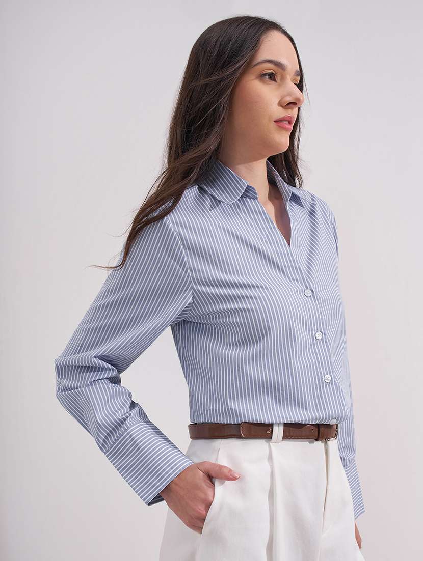 women striped collared long sleeves regular shirt - 22527037 -  Standard Image - 2