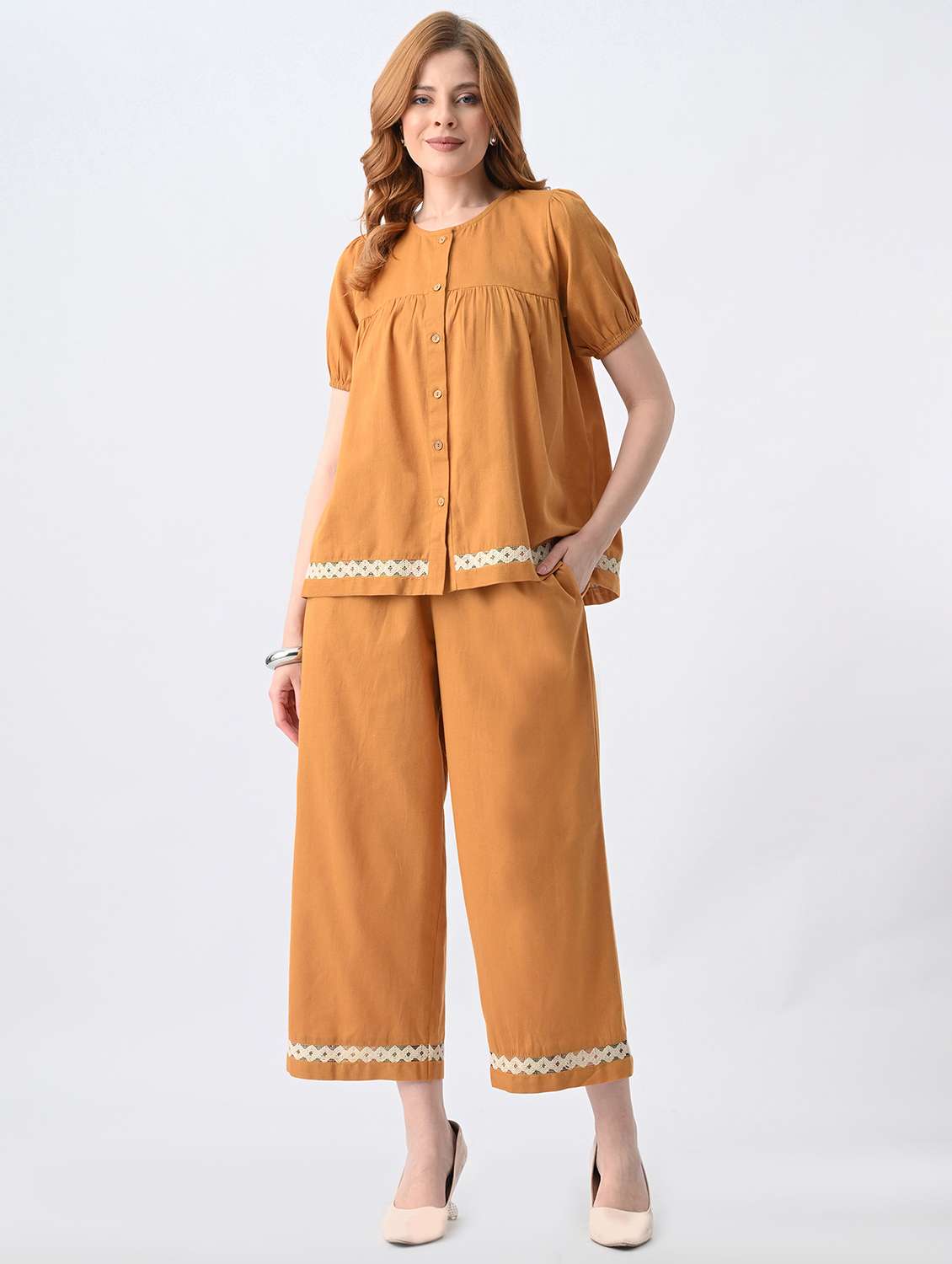 women solid short sleeve top & trouser set co-ord - 22527063 -  Standard Image - 2