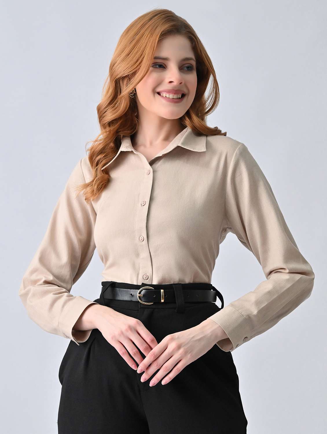 beige cotton solid long sleeve shirt collar shirt - 22527074 -  Standard Image - 2