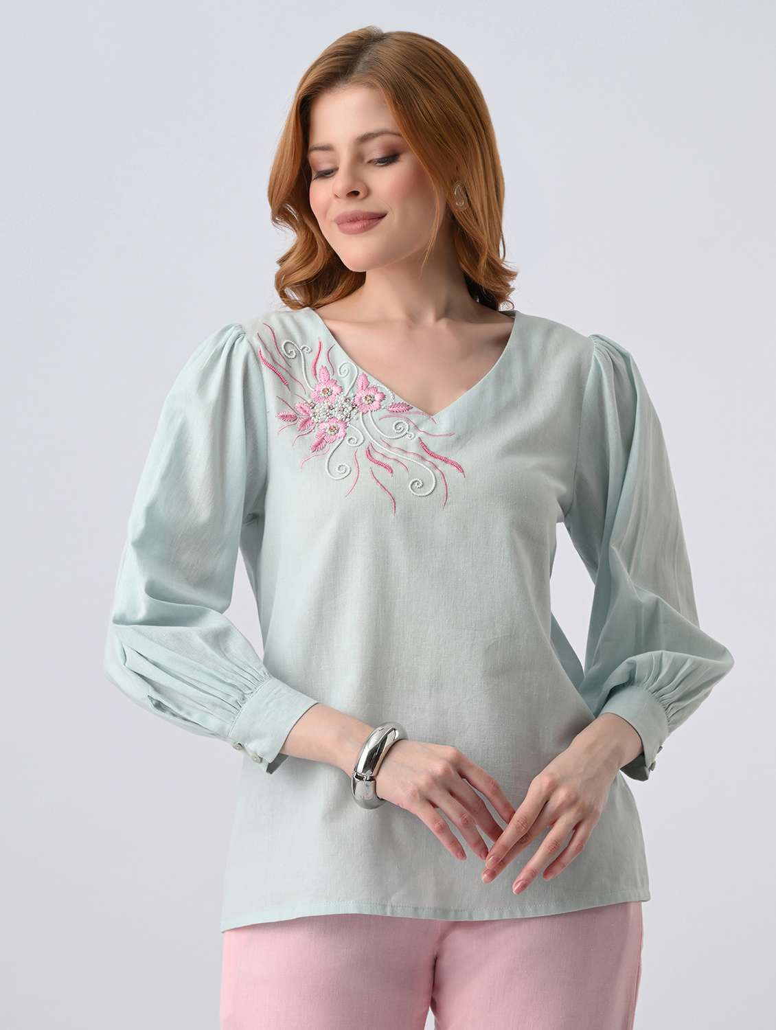 women embroidered v neck regular top
