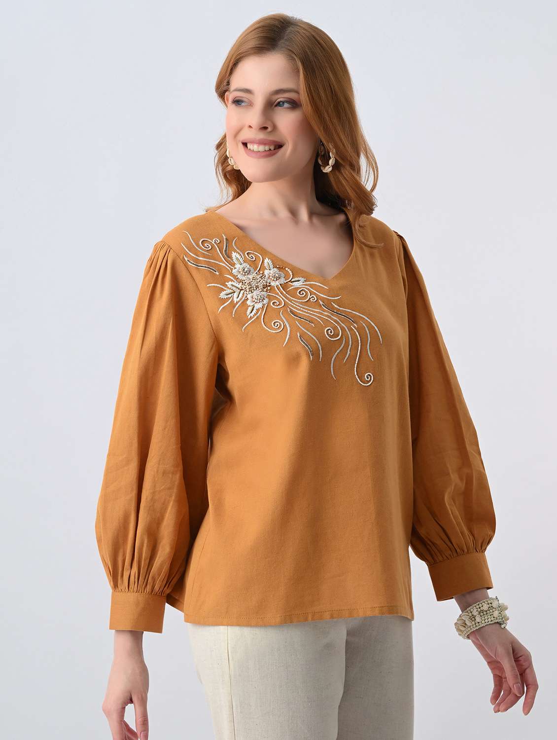 women embroidered v neck regular top - 22527084 -  Standard Image - 2