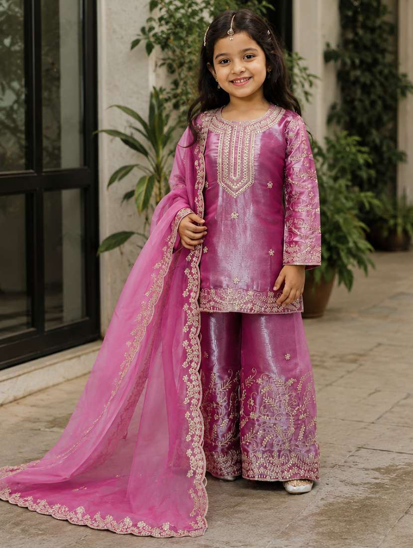 girls embroidered long sleeves kurta and sharara set