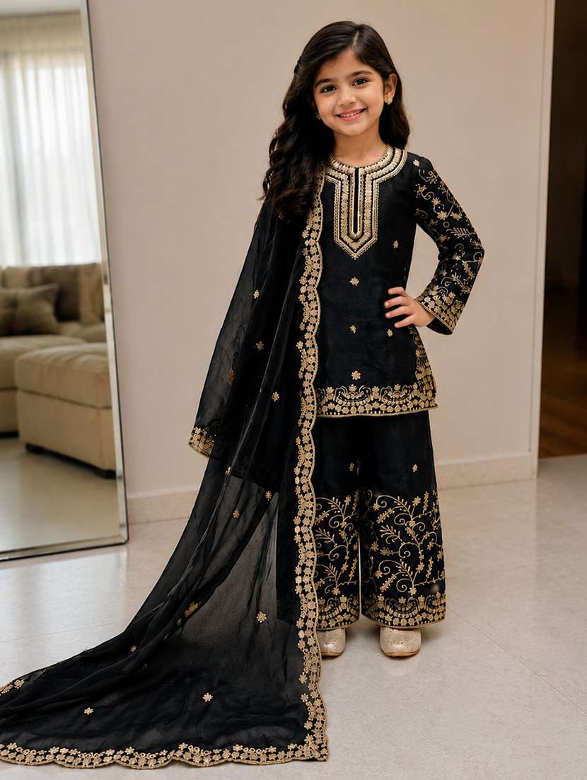 girls embroidered long sleeves kurta and sharara set