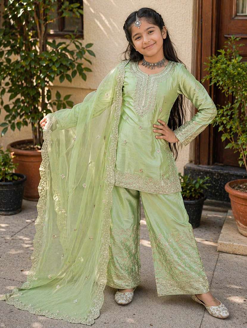 girls embroidered long sleeves kurta palazzo set with dupatta